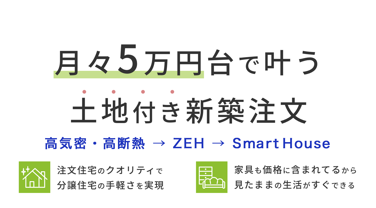 ⽉々5万円台で叶う ⼟地付き新築注⽂